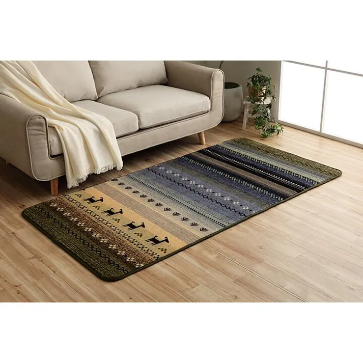 ラディ ラグ 正方形 洗える ギャベ 防音 グリーン 約90×185cm ホットカーペット対応 防音対策【別送品】