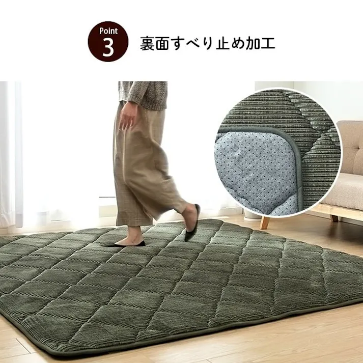 グランド ラグ 滑りにくい 防音 ボリューム 厚い へたりにくい コーデユロイ 無地 ネイビー 約185×185cm 約2畳 床暖房 ホットカーペット対応 こたつ敷布団 防音対策【別送品】