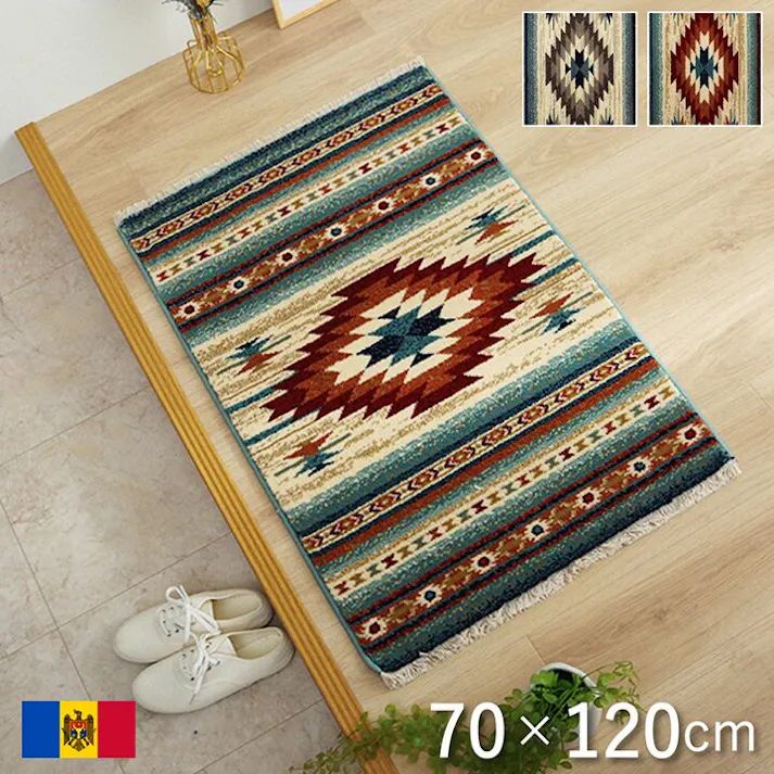 ピオス 玄関マット ウィルトン織 キリム柄 ベッドサイド用 ソファー前用 フリンジ付き 約70×120cm ブルー【別送品】