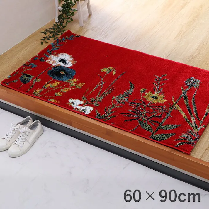IKEHIKO ボタニカル 玄関 マット トルコ製 ウィルトン 織り 花柄 柄 上品 抗菌防臭 消臭 丈夫 へたりにくい ソファー前用 ベッドサイド用 約60×90cm レッド 4550317425653【ネット注文限定・別送品】