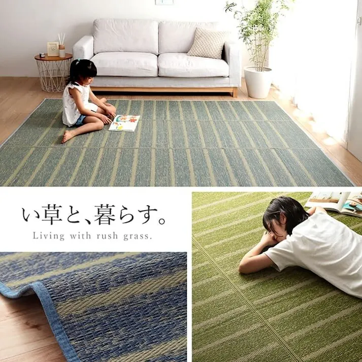 シルフ ラグ 正方形 い草 自然素材 シンプル ボーダー 裏面すべり止め付き 滑りにくい 抗菌防臭 ブルー 約4.5畳 約240×240cm 防音対策【別送品】