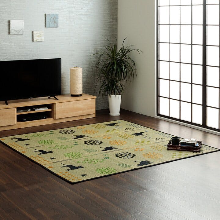 はなねこ い草ラグ 猫柄 花柄 猫 インテリア 節電 夏用 涼しい