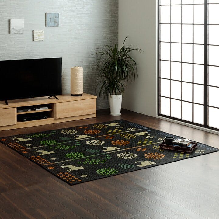 はなねこ い草ラグ 猫柄 花柄 猫 インテリア 節電 夏用 涼しい