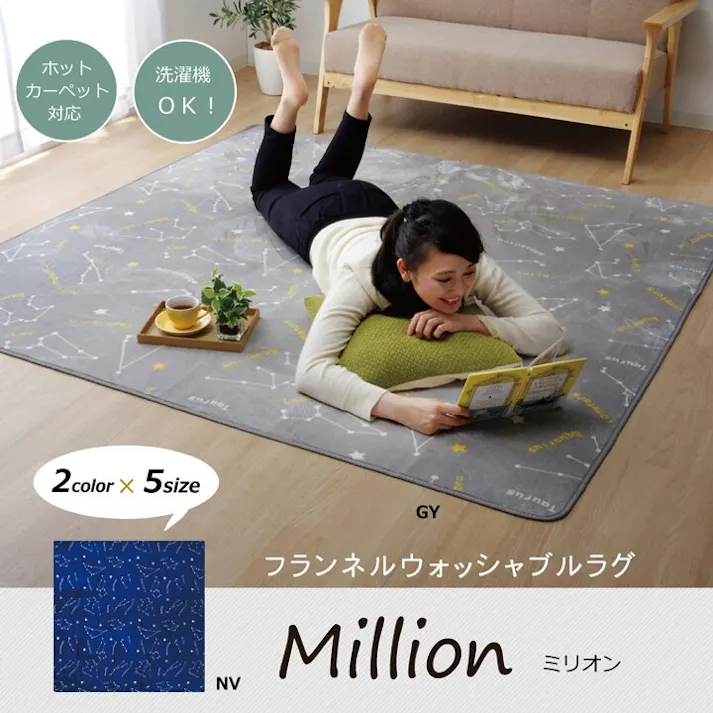 ミリオン 抗菌・防臭 ウォッシャブル フランネル ホットカーペットカバー 『WS RUG」ネイビー約200×250cm 防音対策【別送品】