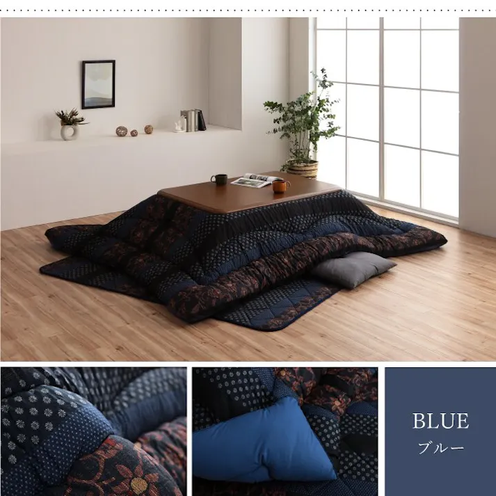万葉 日本製 こたつ布団 こたつ厚掛敷布団 セット 和柄 長方形 大判 ブルー 約205×345cm 節電アイテム 省エネ対策 暖房節約 4956642207566【別送品】