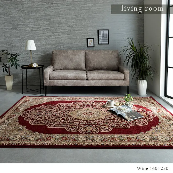 ベルミラ カーペット 絨毯 ラグ 高級ラグ ウィルトン 長方形 クラシック柄 エレガンス ワイン 約80×140cm 防音対策【別送品】