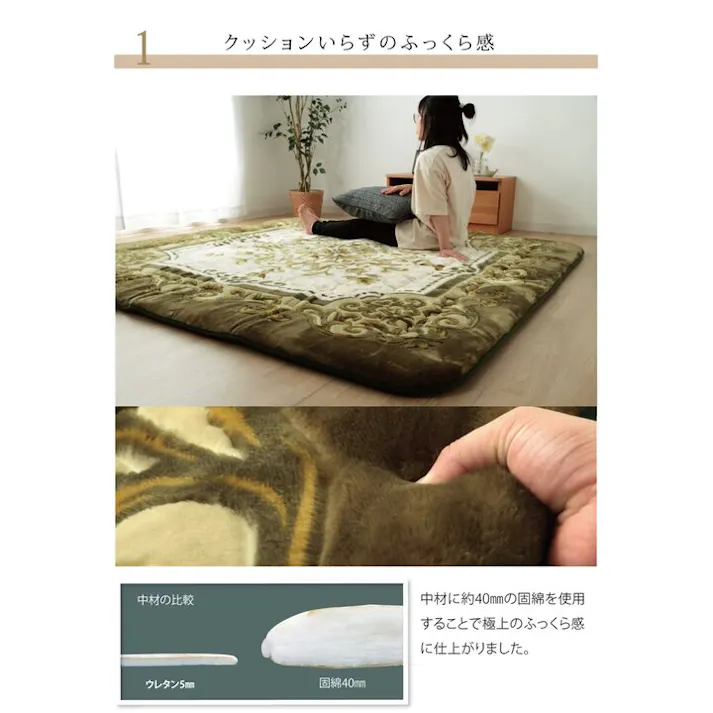 シャルマン 国産固綿40mm使用 ラグ ふっくら極厚敷き布団 ブラウン 約195×195cm 防音対策 4956642538417【別送品】