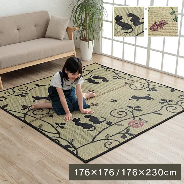 金魚 い草ラグ ラグ カーペット 2畳 正方形 和柄 風物詩 柄 夏用 滑り止め 約176×176cm (裏:不織布) 防音対策【別送品】