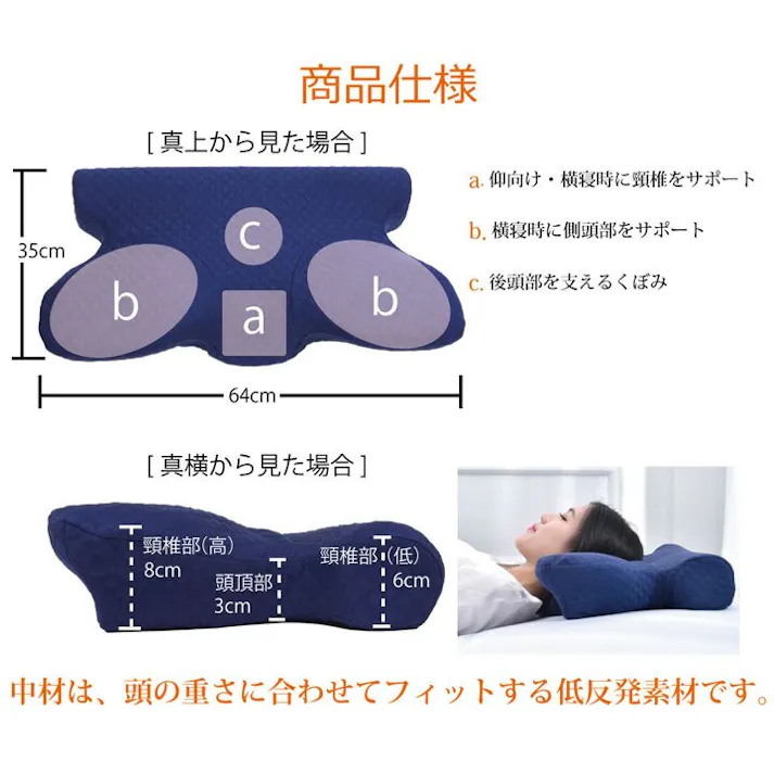 いびき軽減 ピロー 枕 洗える 低反発 いびき解消 低反発 ネイビー 約64×35 睡眠改善 快眠グッズ【別送品】