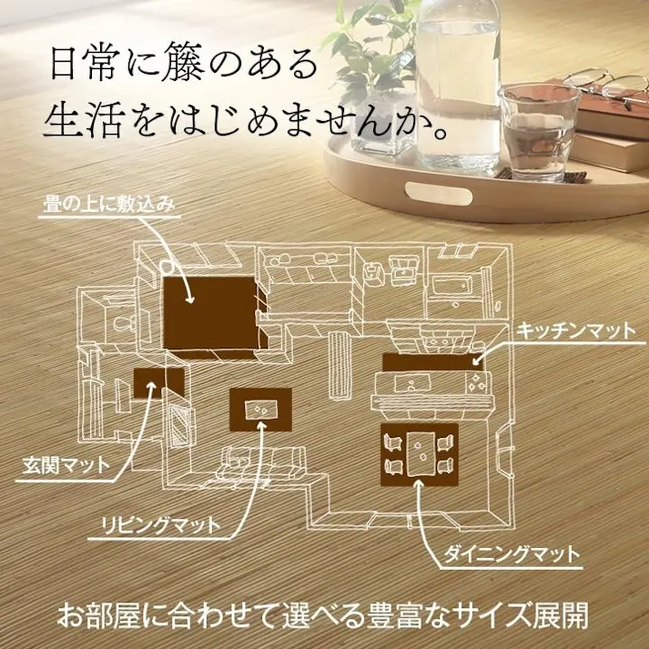 ジャワ 籐 ラグ カーペット 自然素材 ひんやり インドネシア産 むしろ 本間8畳 約200×200cm 防音対策 インドネシア リビング エスニック【別送品】