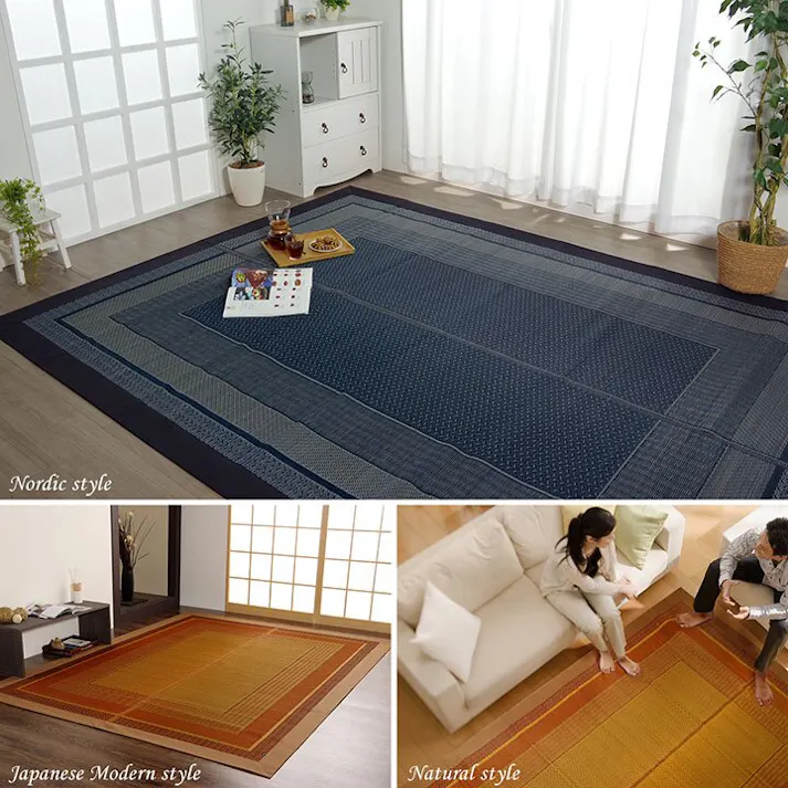 ランクス ラグ 国産 純国産 日本製 い草 モダン 抗菌防臭 自然素材 ネイビー 約191×191cm 防音対策 モダン リビング 夏用涼しい【別送品】