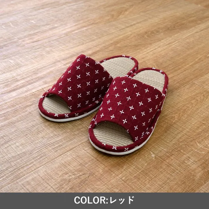 詩織 ルームシューズ レッド M レッド スリッパ 刺し子柄 国産 い草 1260251241202【別送品】