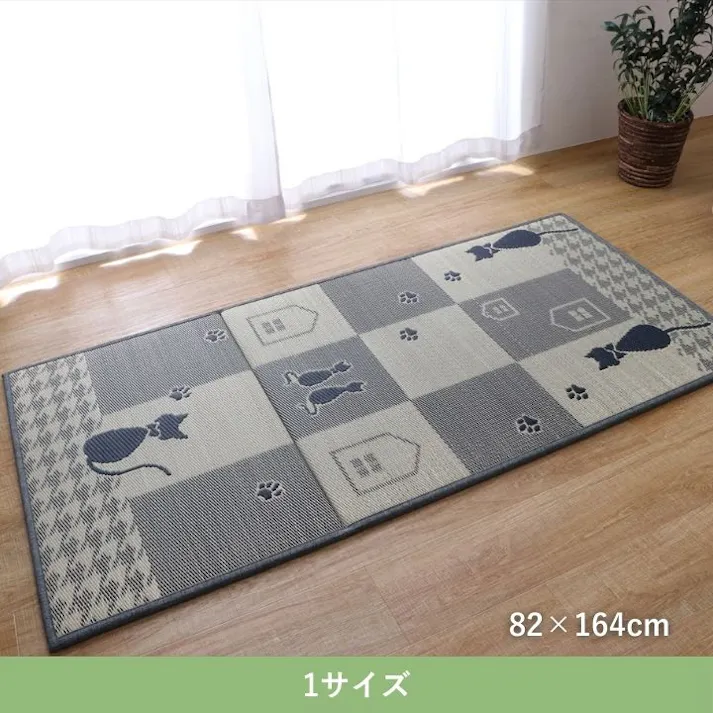 市松ネコ 置き畳 82×164cm - ユニット畳 ネコ柄 1畳用 い草 1040190010313【別送品】