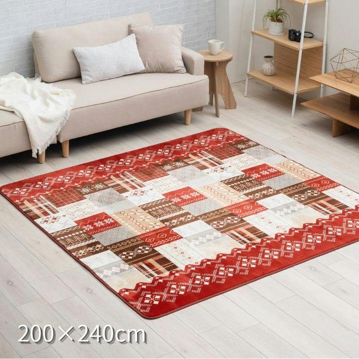 洗える ノルディック柄 カーペットラグ 180x240cm チャーム レッド カーペット・ラグ レッド 約180×240cm ノルディック柄 洗えるラグ