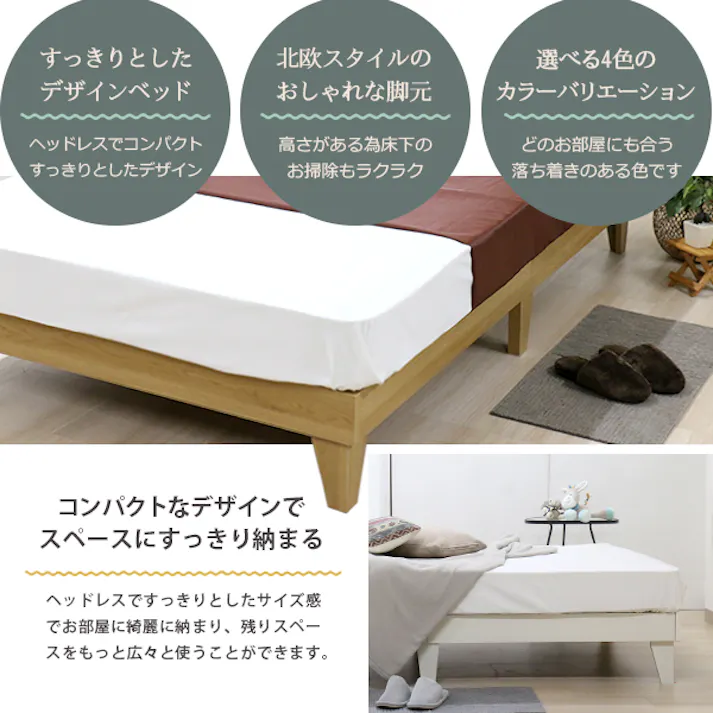 友澤木工 木製プレインベッド ヘッドレスタイプ ナチュラル ダブル 圧縮ロールポケットコイルマットレス付 日本製フレーム スタイリッシュ シンプル ベッド 組立簡単 マット付き 北欧風 ベット 4580238977726 E379-85-D(172BDG) 【別送品】