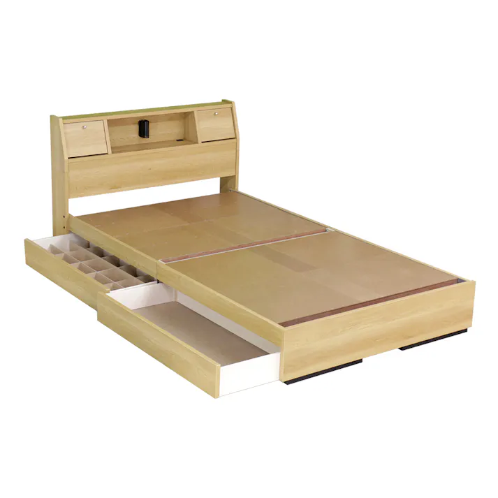 友澤木工 棚 照明 コンセント フラップテーブル 引出し付ベッド ナチュラル シングル 圧縮ロールポケット&ボンネルマットレス付 日本製フレーム 省スペース ベッド マット付き 収納 4560149927218 K333-85-SW(16324D) 【別送品】