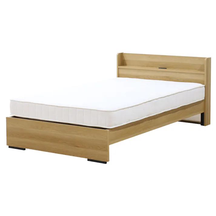 友澤木工 木製ボルトレスベッド 棚 コンセント付 ナチュラル ダブル 圧縮ロール片面ポケットコイルマットレス付 工具不要 簡単組立 ベッド ボルトレス 寮 ネジなし ベット 354-85-D(172BDG) 【別送品】