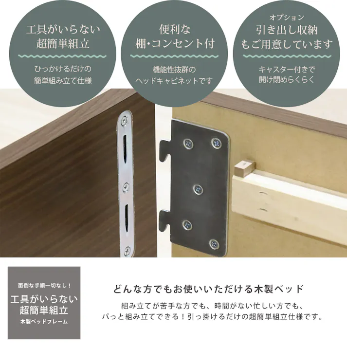 友澤木工 木製ボルトレスベッド 棚 コンセント付 ナチュラル シングル 日本製 圧縮ロール両面ポケットコイルマットレス付 工具不要 簡単組立 ベッド ボルトレス 寮 ネジなし ベット 354-85-SW(108CE8) 【別送品】