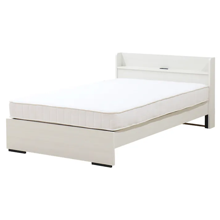 友澤木工 木製ボルトレスベッド 棚 コンセント付 クラシックホワイト シングル 日本製 圧縮ロール両面ポケットコイルマットレス付 工具不要 簡単組立 ベッド ボルトレス 寮 ネジなし ベット 354-86-SW(108CE8) 【別送品】