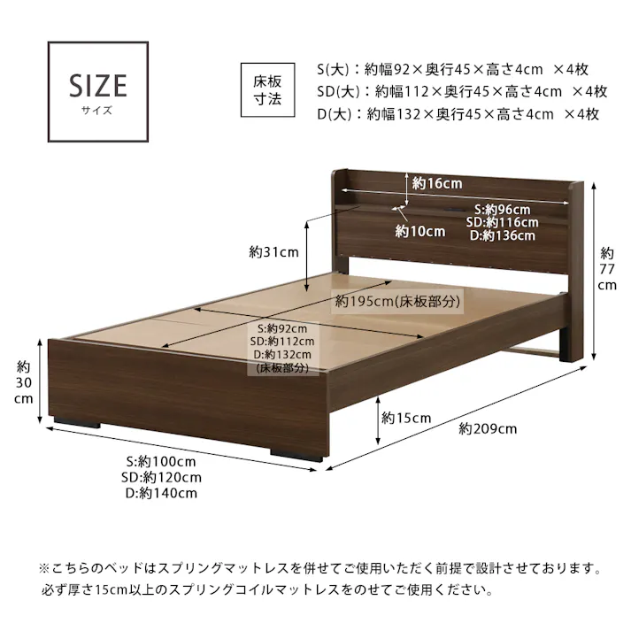 友澤木工 木製ボルトレスベッド 棚 コンセント付 ウォルナット ダブル 圧縮ロール両面ポケットコイルマットレス付 工具不要 簡単組立 ベッド ボルトレス 寮 ネジなし ベット 354-87-D(172BDH) 【別送品】