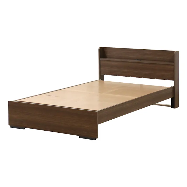 友澤木工 木製ボルトレスベッド 棚 コンセント付 ウォルナット セミダブル 圧縮ロールポケット&ボンネルマットレス付 工具不要 簡単組立 ベッド ボルトレス 寮 ネジなし ベット 354-87-SD(16324D) 【別送品】