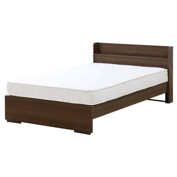 友澤木工 木製ボルトレスベッド 棚 コンセント付 ウォルナット シングル 圧縮ロールポケット&ボンネルマットレス付 工具不要 簡単組立 ベッド ボルトレス 寮 ネジなし ベット 354-87-SW(16324D) 【別送品】