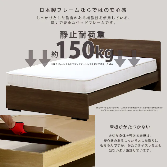 友澤木工 木製ボルトレスベッド パネルタイプ ウォルナット セミダブル 日本製ボンネルコイルマットレス付 工具不要 簡単組立 ベッド ボルトレス 寮 ネジなし ベット 374-87-SD(10816B) 【別送品】