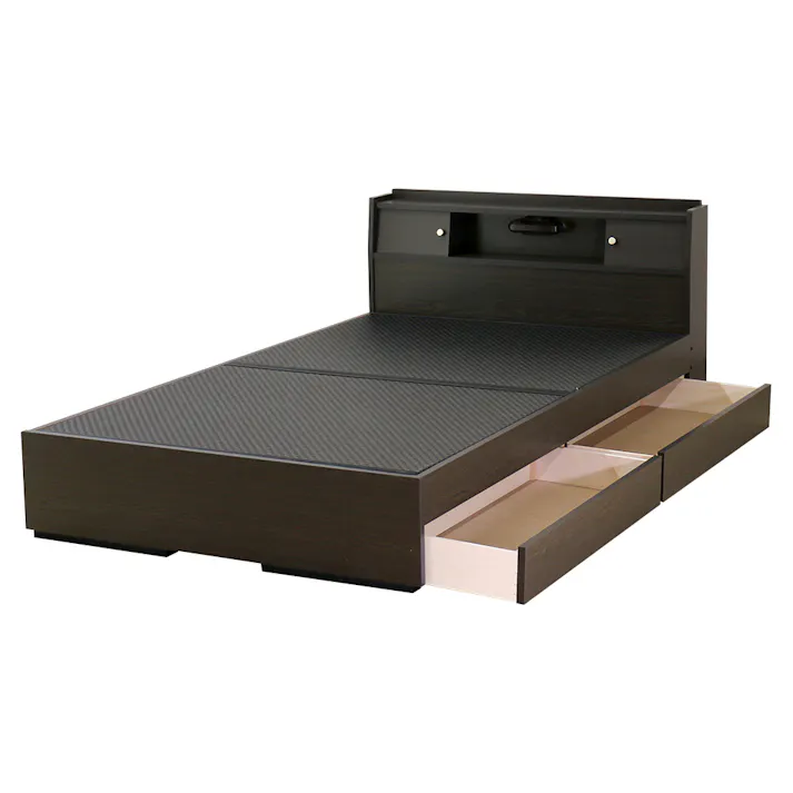 友澤木工 セキスイMIGUSA畳使用 国内生産 棚照明引出付 畳ベッド ダークブラウン ダブル MIGUSAブラック 和室にも洋室にも合う 布団が使える ベッド 美草 国産 和洋兼用 和モダン A151-56(BK)-D 【別送品】