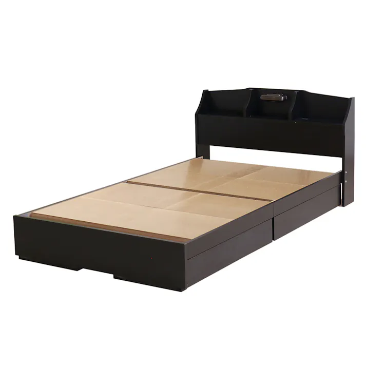 友澤木工 棚 照明 コンセント 引出し付ベッド ブラック セミダブル ボンネルコイルマットレス 通気性抜群 ライト ベッド 収納 マット付き 宮付き ベット K321-25-SD(108165) 【別送品】