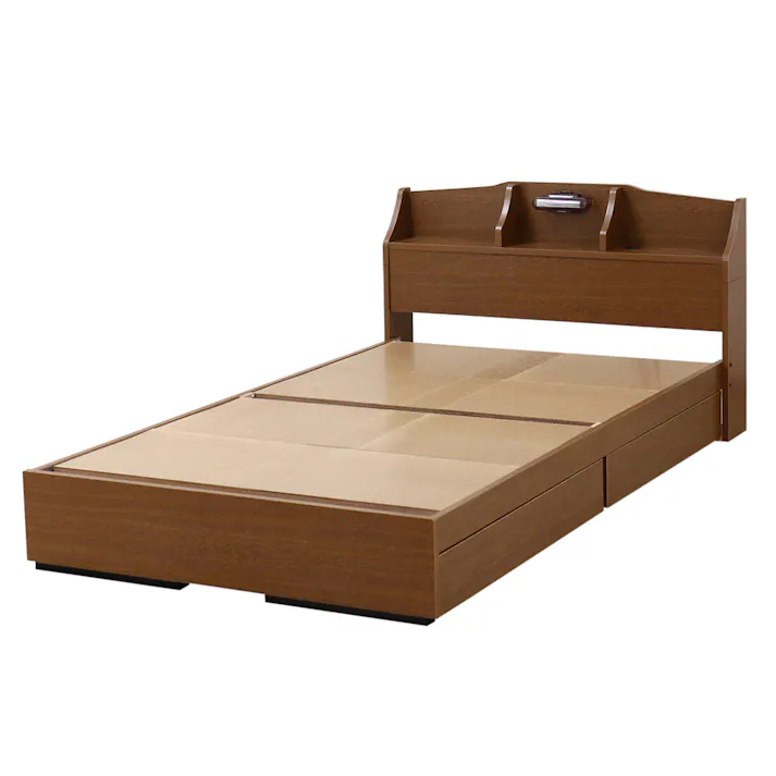 友澤木工 棚 照明 コンセント 引出し付ベッド ブラウン シングル ボンネルコイルマットレス 通気性抜群 ライト ベッド 収納 マット付き 宮付き ベット K321-31-SW(108165) 【別送品】