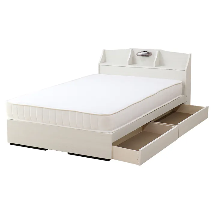 友澤木工 棚 照明 コンセント 引出し付ベッド クラシックホワイト ダブル ボンネルコイルマットレス 通気性抜群 ライト ベッド 収納 マット付き 宮付き ベット K321-86-D(108165) 【別送品】