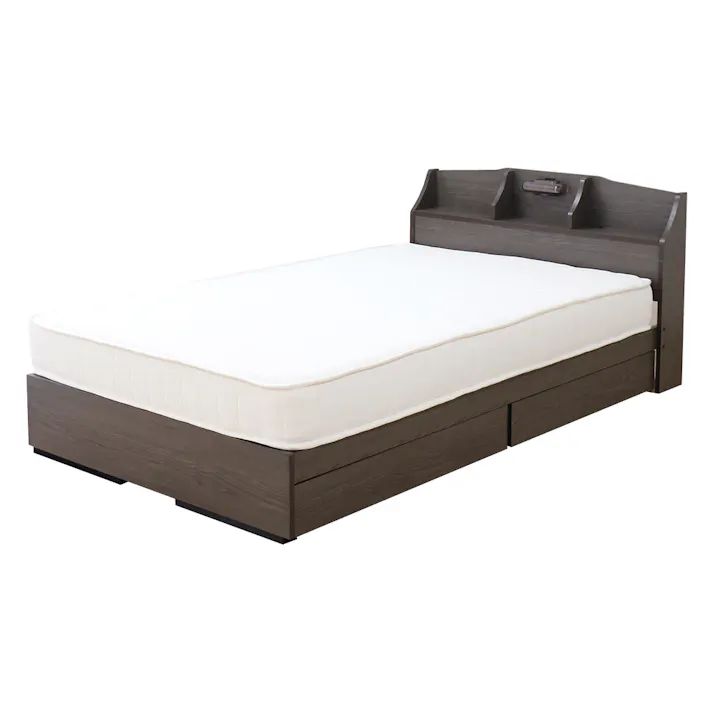 友澤木工 棚 照明 コンセント 引出し付ベッド アッシュブラウン ダブル ボンネルコイルマットレス 通気性抜群 ライト ベッド 収納 マット付き 宮付き ベット K321-89-D(108165) 【別送品】