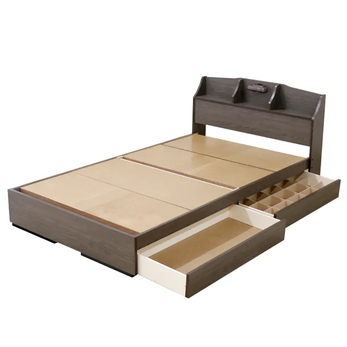 友澤木工 棚 照明 コンセント 引出し付ベッド アッシュブラウン ダブル 日本製ボンネルコイルマットレス付 通気性抜群 ライト ベッド 収納 国産 宮付き ベット K321-89-D(10816B) 【別送品】