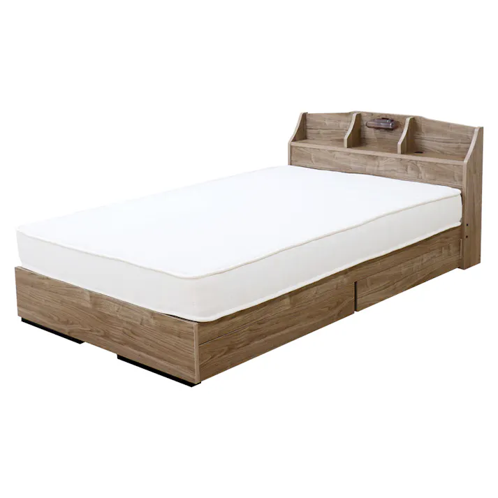 友澤木工 棚 照明 コンセント 引出し付ベッド ヴィンテージナチュラル セミダブル 圧縮ロール両面ポケットコイルマットレス付 通気性抜群 ライト ベッド 収納 マット付き 宮付き ベット K321-90-SD(172BDH) 【別送品】