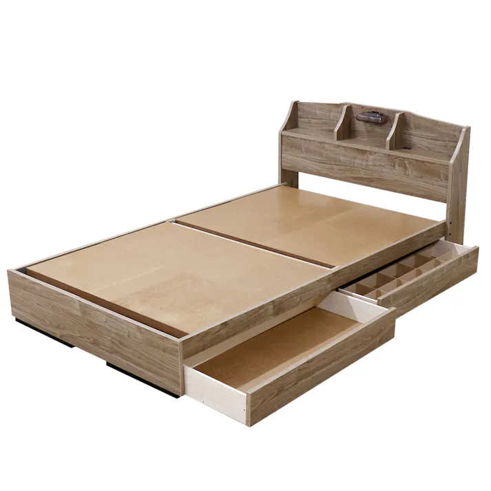 友澤木工 棚 照明 コンセント 引出し付ベッド ヴィンテージナチュラル シングル 日本製ボンネルコイルマットレス付 通気性抜群 ライト ベッド 収納 国産 宮付き ベット K321-90-SW(10816B) 【別送品】