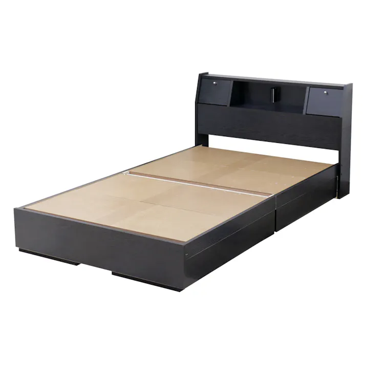 友澤木工 棚 照明 コンセント フラップテーブル 引出し付ベッド ブラック セミダブル 日本製ボンネルコイルマットレス付 通気性抜群 ライト ベッド 収納 国産 宮付き ベット K333-25-SD(10816B) 【別送品】