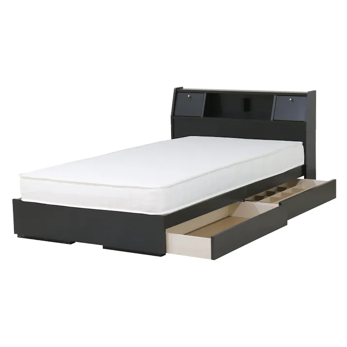 友澤木工 棚 照明 コンセント フラップテーブル 引出し付ベッド ブラック シングル ボンネルコイルマットレス 通気性抜群 ライト ベッド 収納 マット付き 宮付き ベット K333-25-SW(108165) 【別送品】