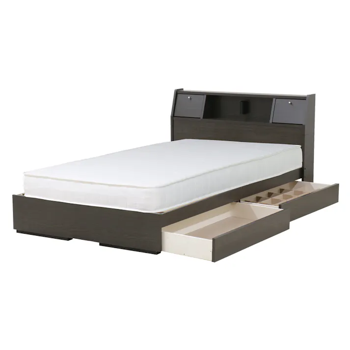 友澤木工 棚 照明 コンセント フラップテーブル 引出し付ベッド ダークブラウン セミダブル 日本製ボンネルコイルマットレス付 通気性抜群 ライト ベッド 収納 国産 宮付き ベット K333-56-SD(10816B) 【別送品】