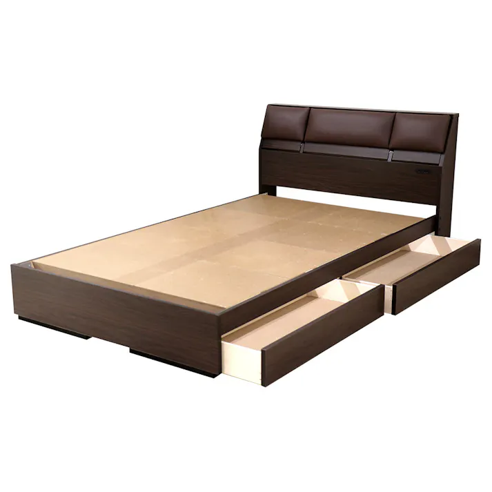 友澤木工 クッションシート付フラップテーブル 引出付ベッド ダークブラウン ダブル 圧縮ロール片面ポケットコイルマットレス付 4582641952031 頑丈 背もたれ 収納 4582641952031 A308-84-D(172BDG) 【別送品】