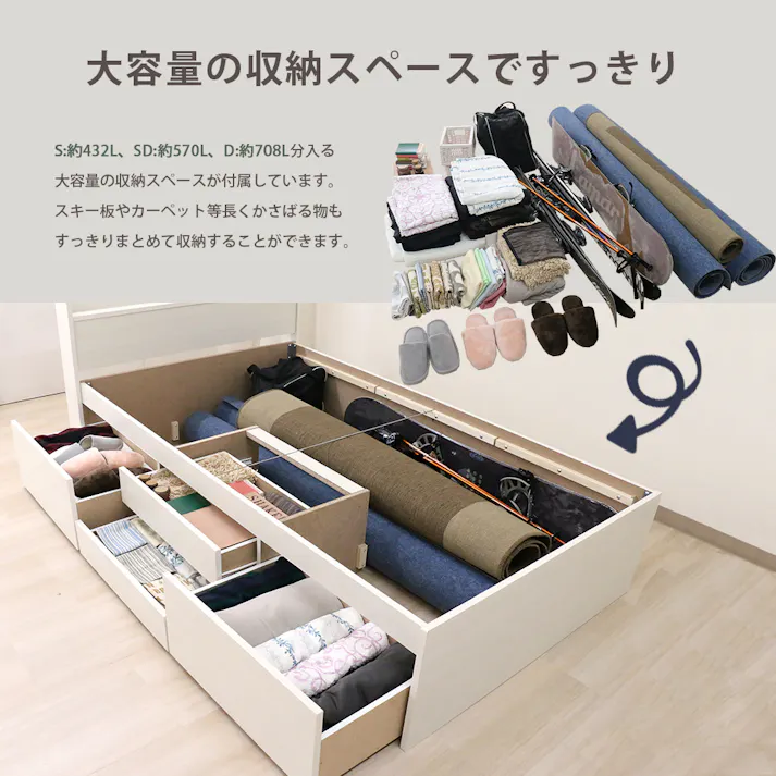 友澤木工 大容量の収納スペースですっきり 多機能ベッド クラシックホワイト シングル 圧縮ロール片面ポケットコイルマットレス付 4570159133363 引き出し 収納 ベッド チェスト コンセント付き 4570159133363 K387-86-SW(172BDG) 【別送品】