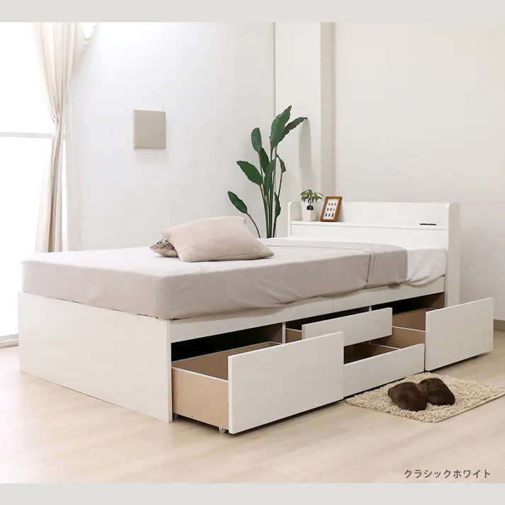友澤木工 大容量の収納スペースですっきり 多機能ベッド クラシックホワイト シングル 圧縮ロール片面ポケットコイルマットレス付 4570159133363 引き出し 収納 ベッド チェスト コンセント付き 4570159133363 K387-86-SW(172BDG) 【別送品】