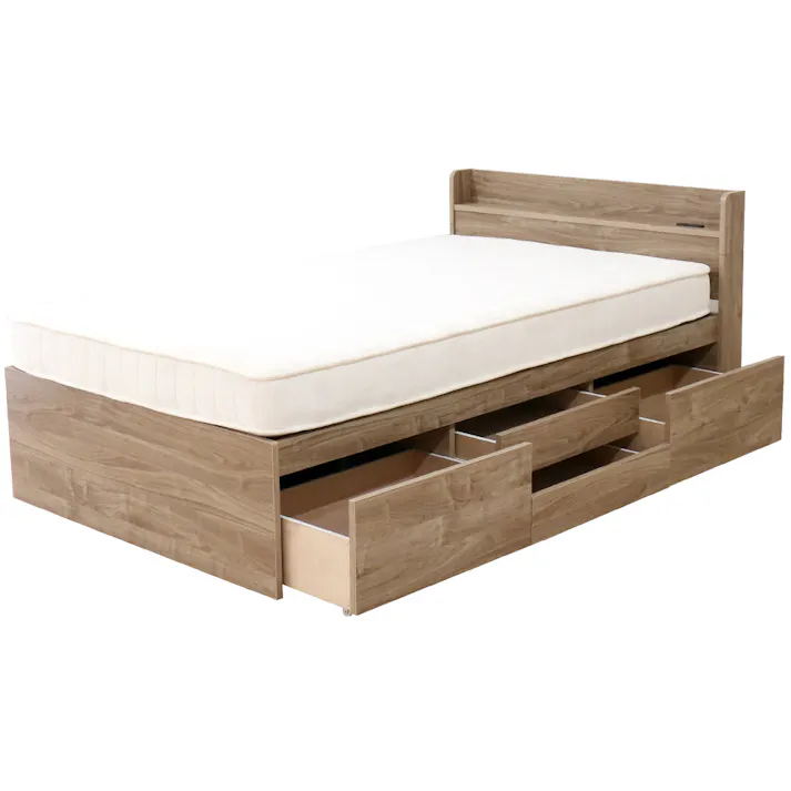 友澤木工 大容量の収納スペースですっきり 多機能ベッド ヴィンテージナチュラル シングル 日本製 圧縮ロールポケットコイルマットレス付 4570159133578 引き出し 収納 ベッド チェスト コンセント付き 4570159133578 K387-90-SW(108CE8) 【別送品】