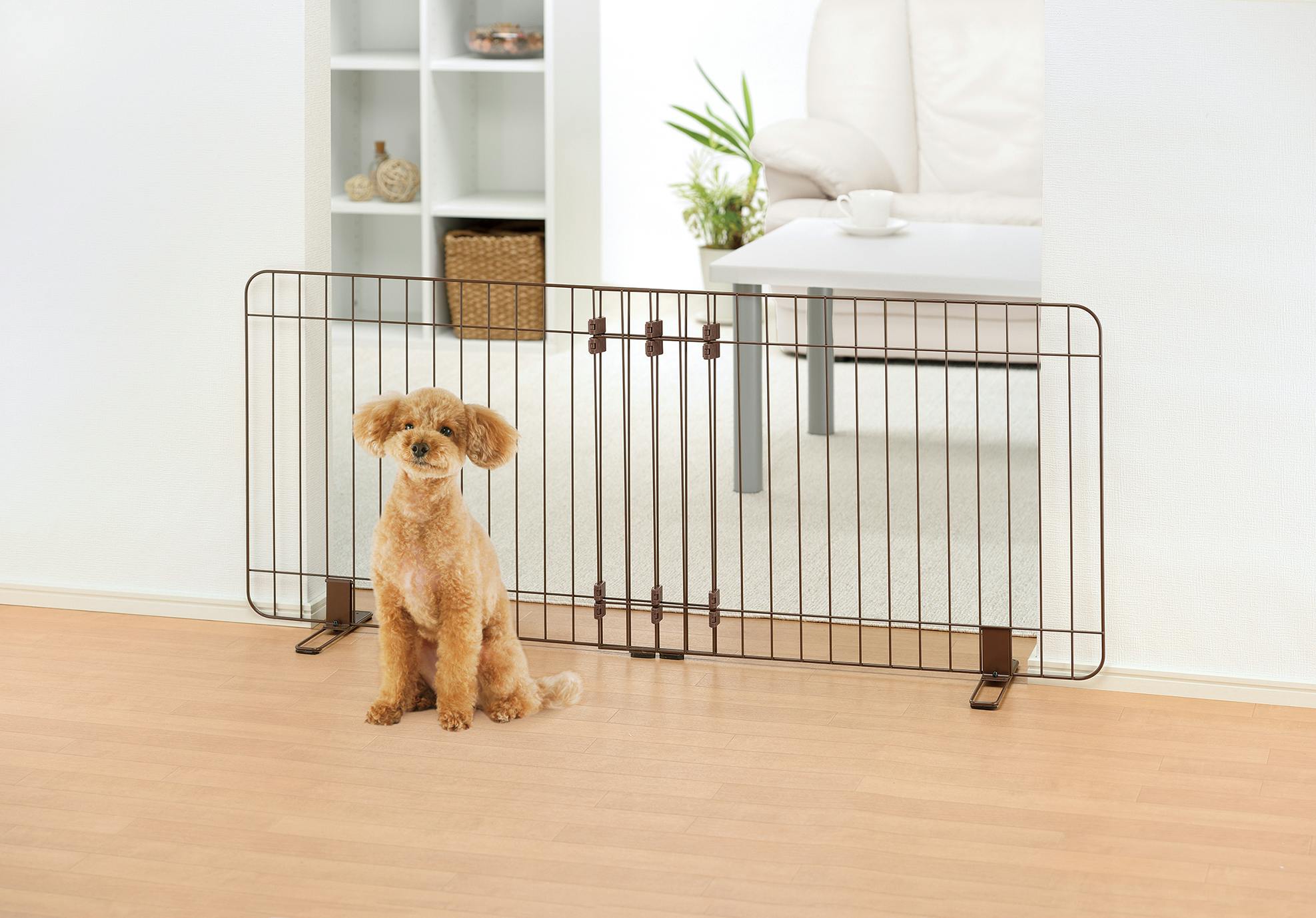 伸縮スタンド簡易ペットゲート 90-120 ブラウン 持ち運び簡単 軽量