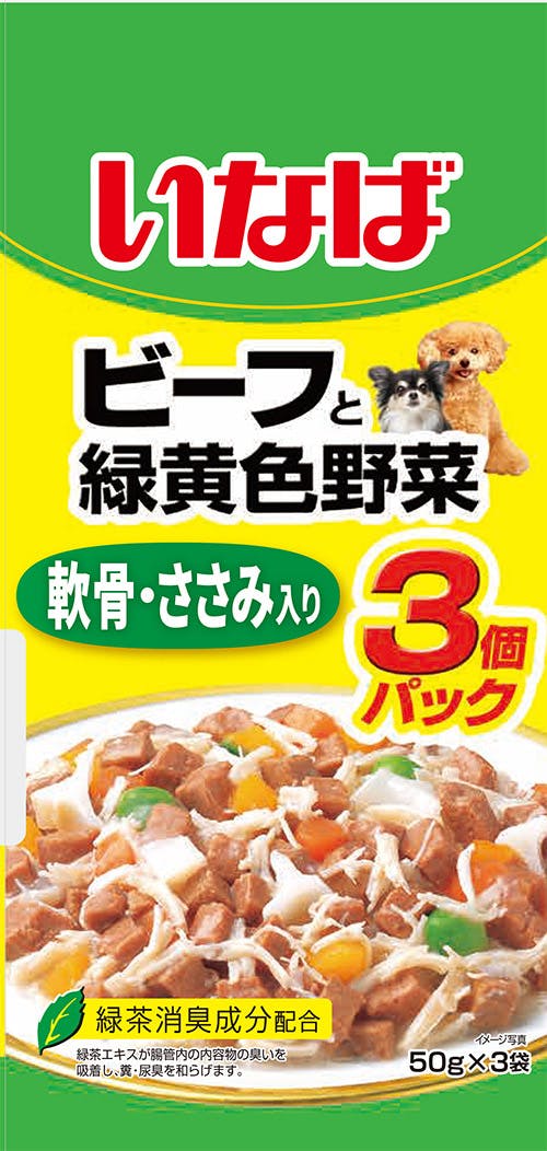 いなば ビーフと緑黄色野菜 軟骨・ささみ入り50g×3袋 4901133779756 3753772001 犬用ウェットフード(パウチ) いなば ビーフと緑黄色野菜 軟骨・ささみ入り50g×3袋 4901133779756 3753772001 犬用ウェットフード(パウチ)
