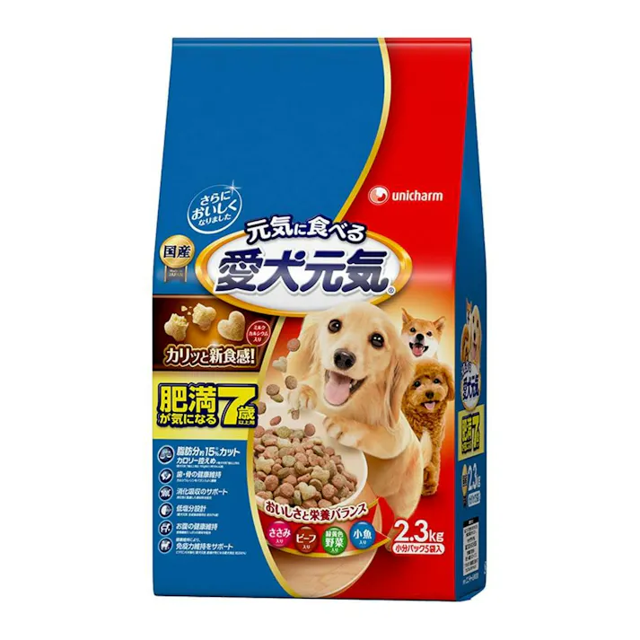 【ケース販売】ユニ・チャーム 愛犬元気 肥満が気になる7歳以上用 ささみ・ビーフ・野菜・小魚入り 2.3kg(1ケース4個入り) ささみ ドライフード 国産 3480919004【別送品】