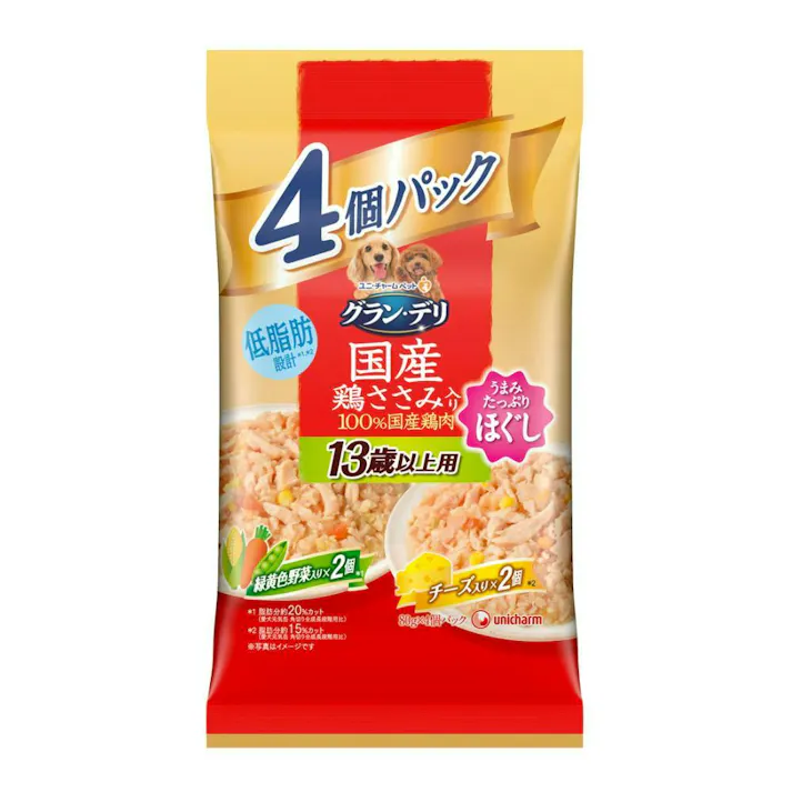 【ケース販売】ユニ・チャーム グラン・デリ パウチ 国産ささみほぐし 13歳以上用 野菜・チーズ入り 80g×4個(1ケース16個入り)3481085016【別送品】