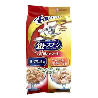 【ケース販売】ユニ・チャーム 銀のスプーン パウチ 2種のアソート まぐろ&ささみ入り 60g×4個(1ケース30個入り) ささみ まぐろ 個包装 3481449030【別送品】
