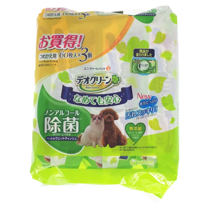 【ケース販売】ユニ・チャーム デオクリーン ノンアルコール ウエットティッシュ つめ替 60枚×3個(1ケース8個入り) 3481797008【別送品】