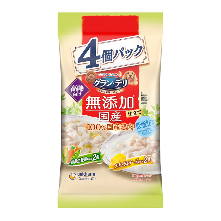【ケース販売】ユニ・チャームグラン・デリ無添加国産パウチ高齢犬用野菜チーズ70g×4P(1ケース18個入り)3481875018 【別送品】