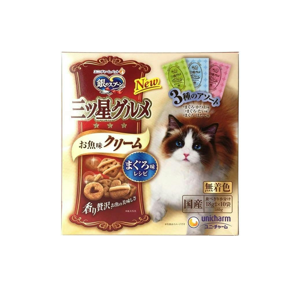 ユニ・チャーム銀のスプーン 三ツ星グルメ お魚味クリーム 3種のアソート まぐろ味レシピ 180g(1ケース12個入り)3481945012 猫用ドライフード ユニ・チャーム銀のスプーン 三ツ星グルメ お魚味クリーム 3種のアソート まぐろ味レシピ 180g(1ケース12個入り)3481945012 猫用ドライフード